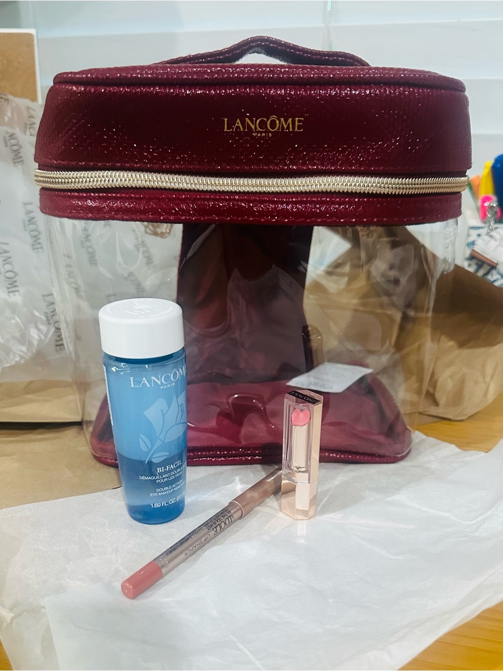 Lancôme Makeup Set with Burgundy Clear Travel Case
